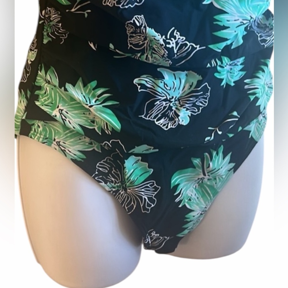 Hilor One Piece Asymmetric One Shoulder Bathing Suit Black/Green Womens Size 10 - Picture 7 of 15